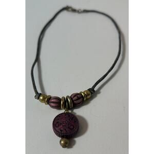 Boho Leather Cord Necklace w/ Brass & Carved Resin Beads 16"
